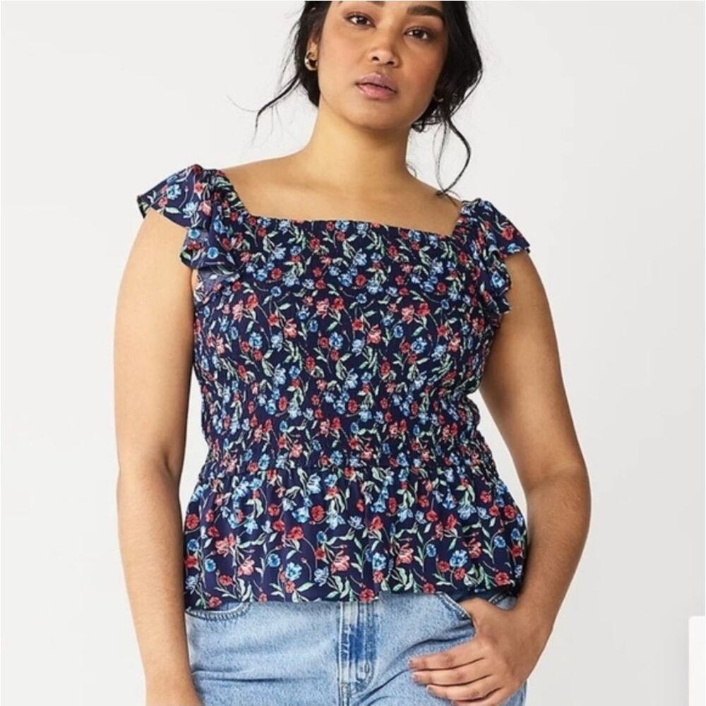 Draper James RSVP Multicolor Floral Smocked Peplum Blouse Size Medium